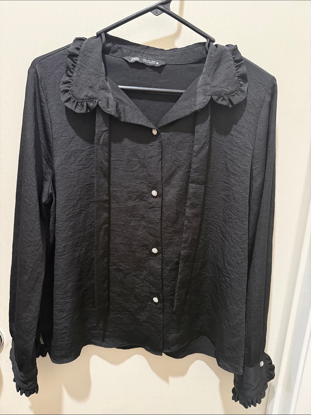 Zara Black Ruffle Collar Button-Down Shirt with Tie Detail
